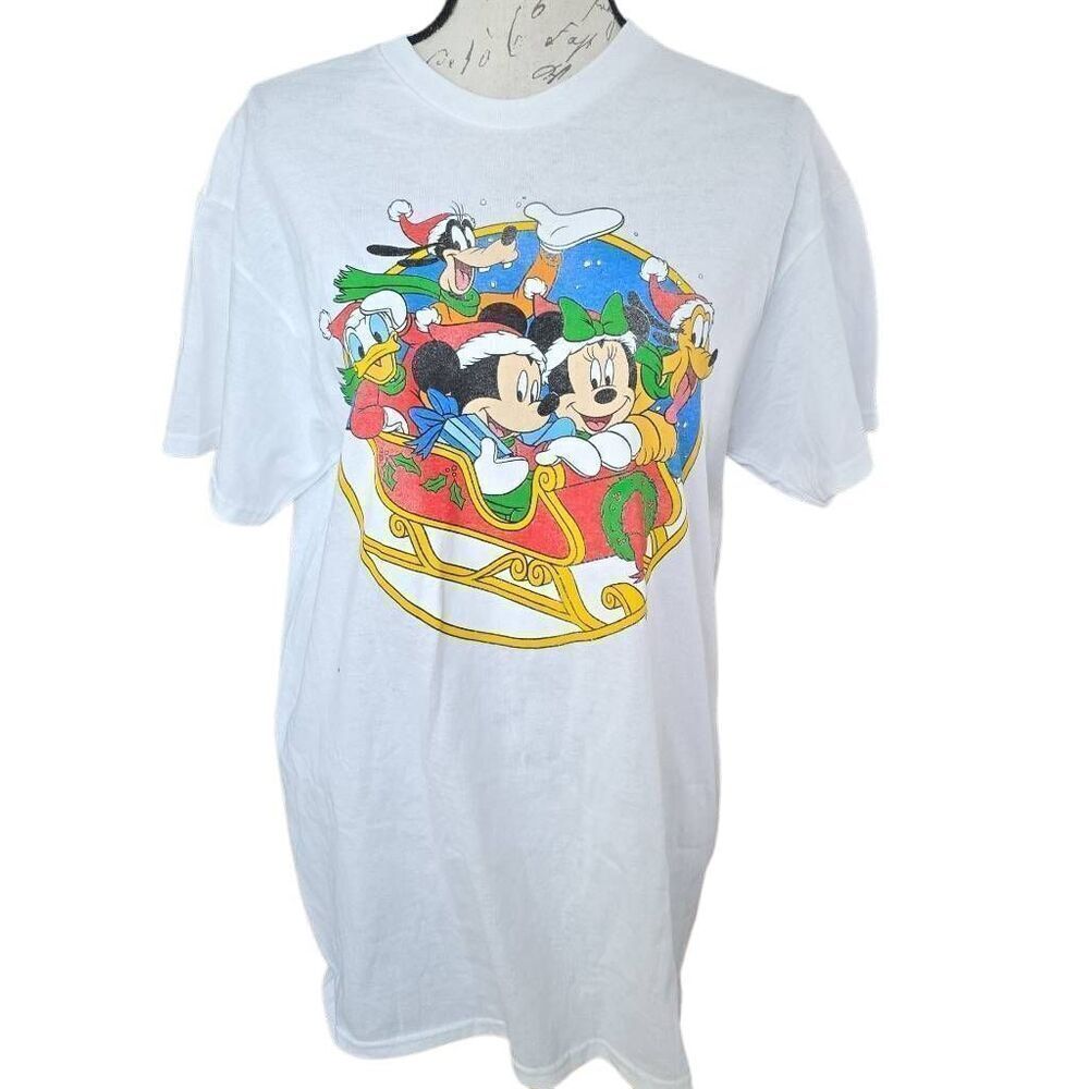 Unisex Sz Medium White Mickey Minnie Goofy Pluto Holiday Short Sleeve Shirt